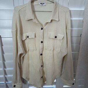 Double Zero Ribbed Cream Button Up Top
